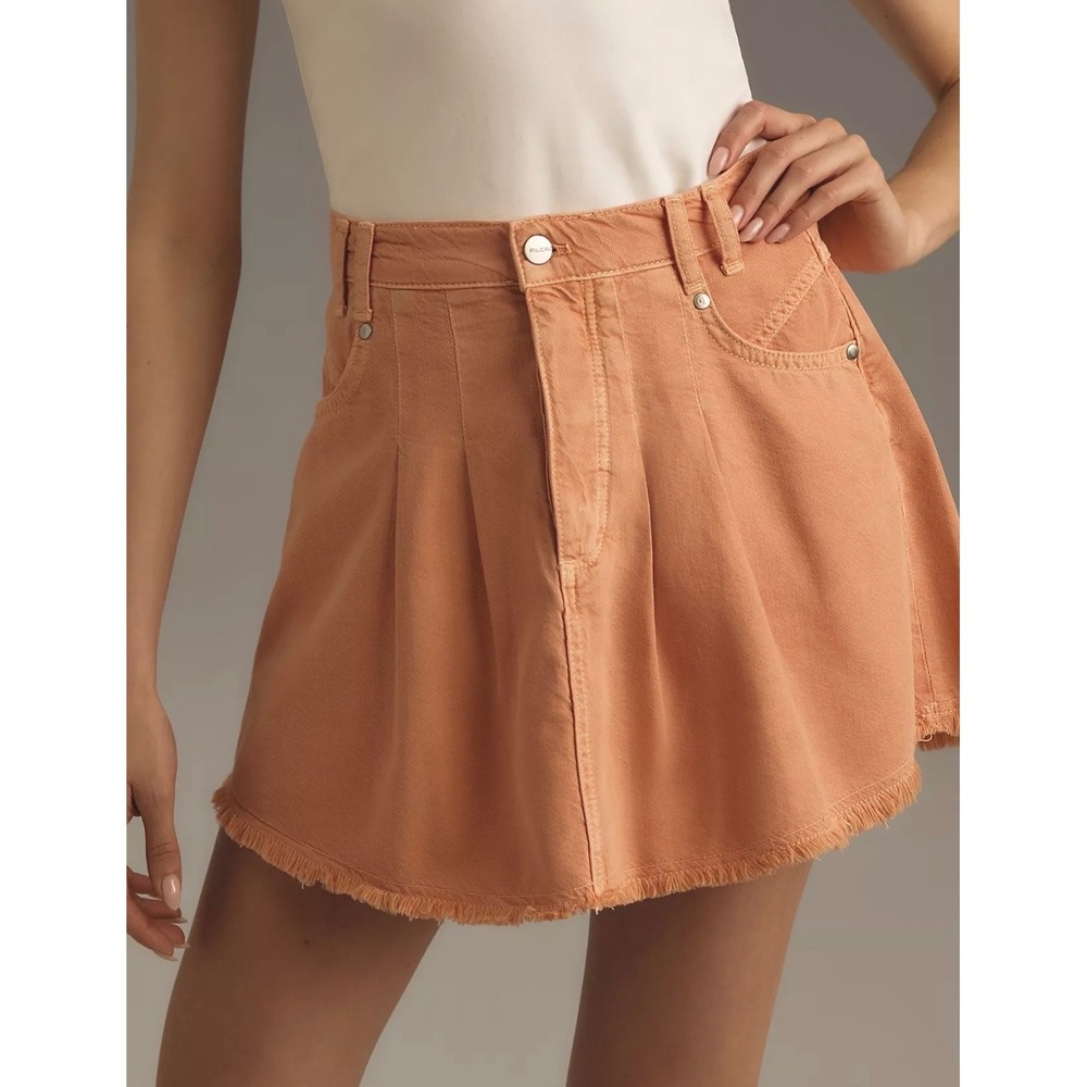 Pilcro Anthropologie Peach Pleated Denim Mini Skirt Raw Hem Size 12 Apricot